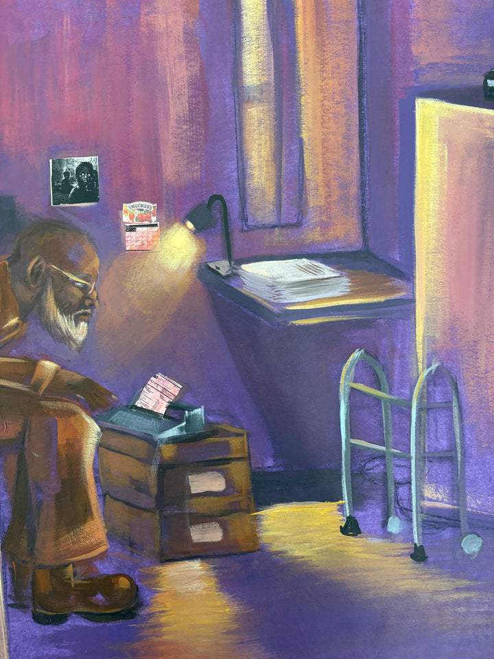 old man sitting in prison cell alone with walker and wheel car in brown and purple tones