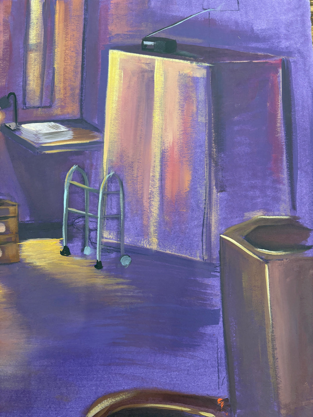 old man sitting in prison cell alone with walker and wheel car in brown and purple tones