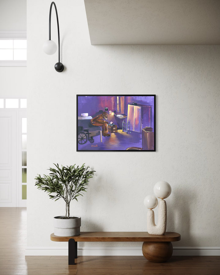 old man sitting in prison cell alone with walker and wheel car in brown and purple tones