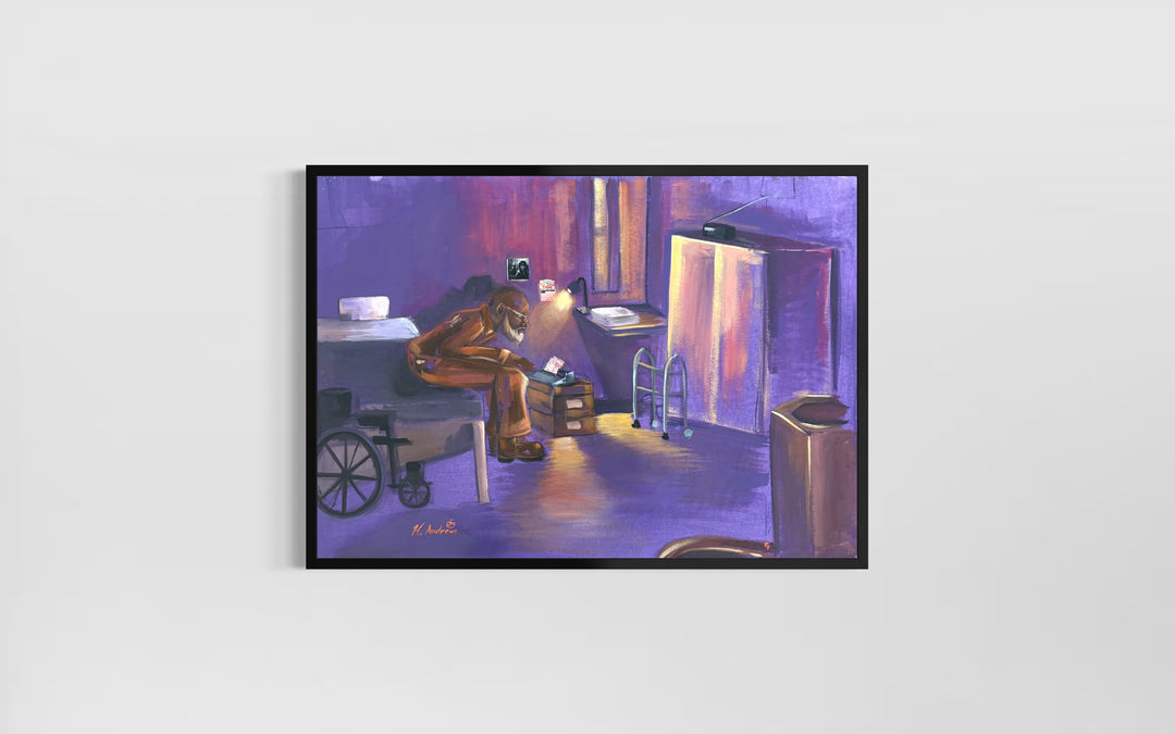 old man sitting in prison cell alone with walker and wheel car in brown and purple tones