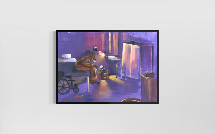 old man sitting in prison cell alone with walker and wheel car in brown and purple tones