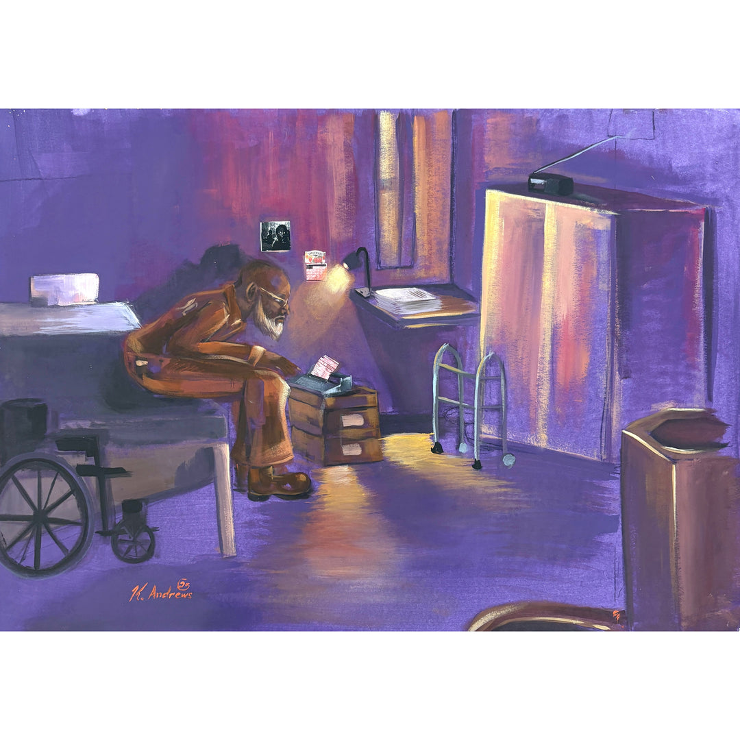old man sitting in prison cell alone with walker and wheel car in brown and purple tones