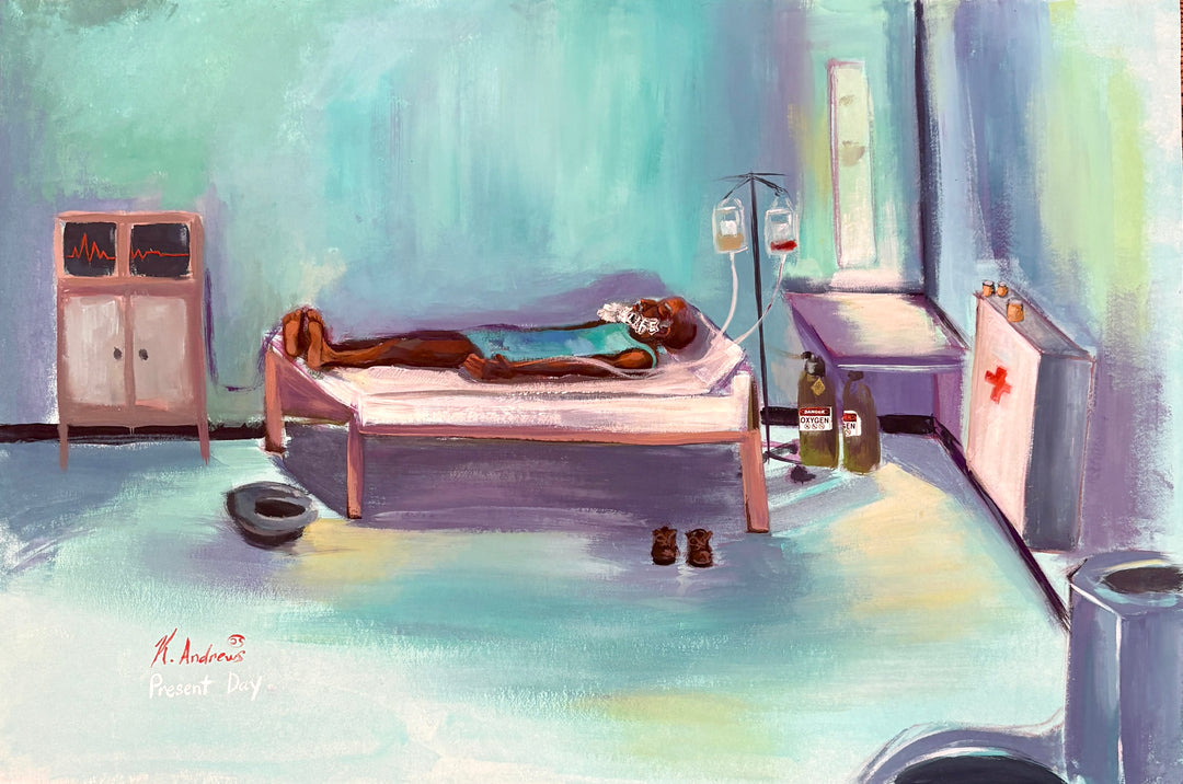 man alone in hospital bed room hooked up to monitors nearing death in bright blue