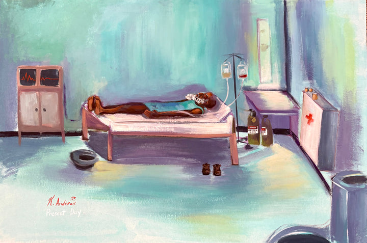 man alone in hospital bed room hooked up to monitors nearing death in bright blue