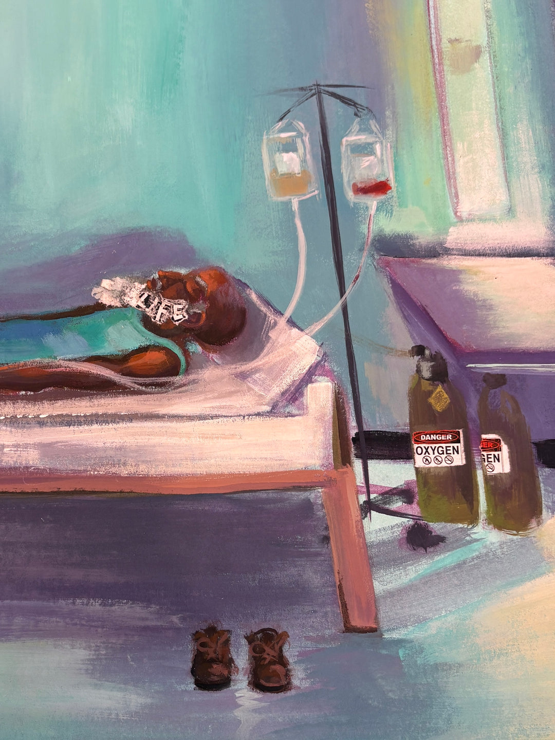 man alone in hospital bed room hooked up to monitors nearing death in bright blue