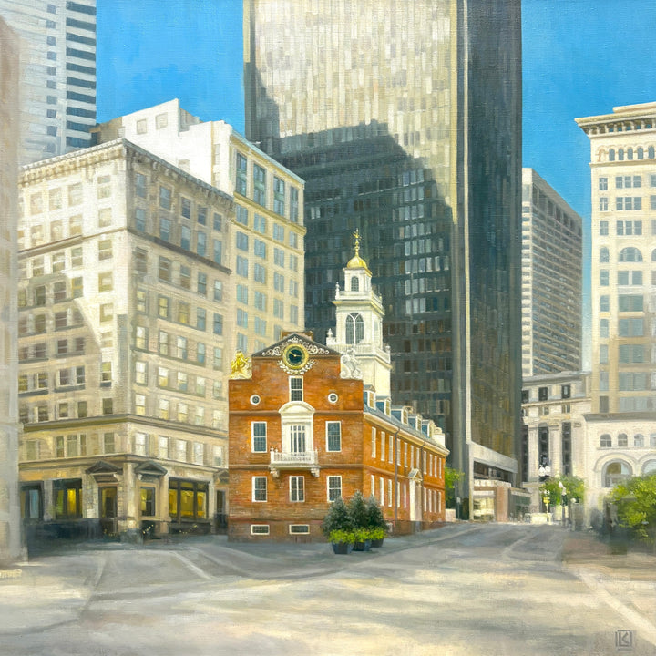 small brick building in red and orange stood in middle composition against new modern grey silver skyscraper buildings in city urban landscape with blue sky in oil realism 