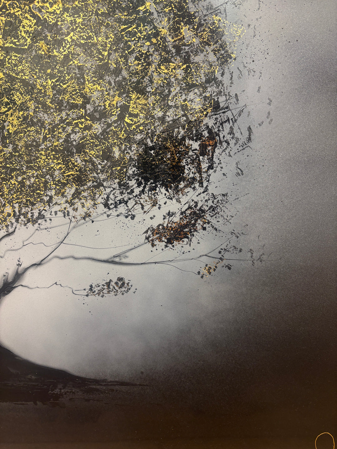 minimal tree in black white and grey lacquer with gold leaf detail accenting leafs light reflection trunk on smooth gradient background