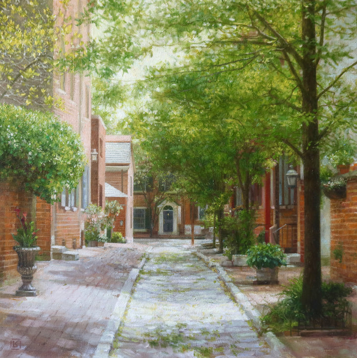 summer day shadows poking through trees philadelphia red brick stone alley way green trees and bushes potted plants in oil landscape painting