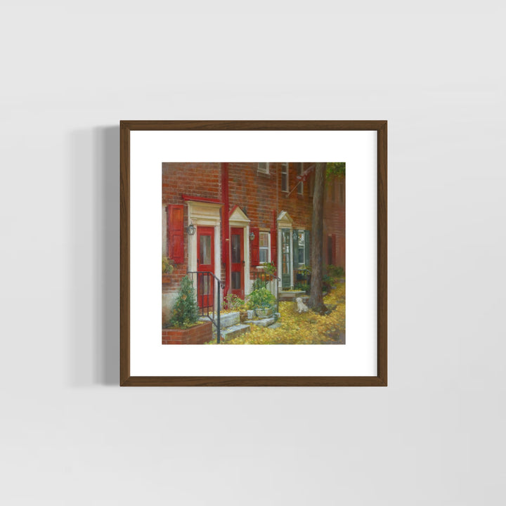 Philadelphia red brick rowhomes with red doors and railings, potted plants, yellow fall leaves on the round and a white dog in oil paint nature landscape urban