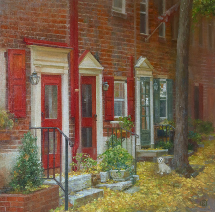 Philadelphia red brick rowhomes with red doors and railings, potted plants, yellow fall leaves on the round and a white dog in oil paint nature landscape urban