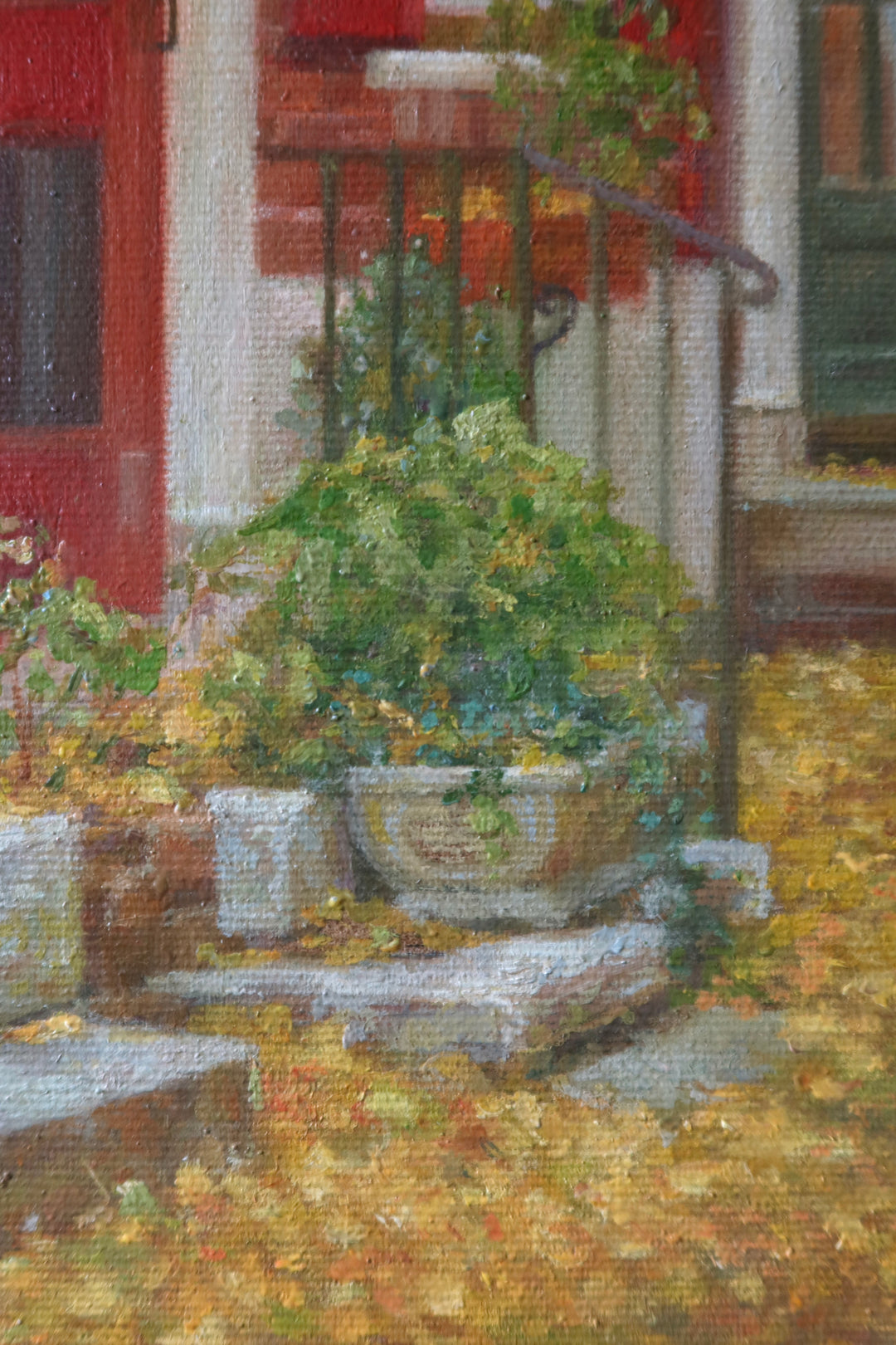 Philadelphia red brick rowhomes with red doors and railings, potted plants, yellow fall leaves on the round and a white dog in oil paint nature landscape urban