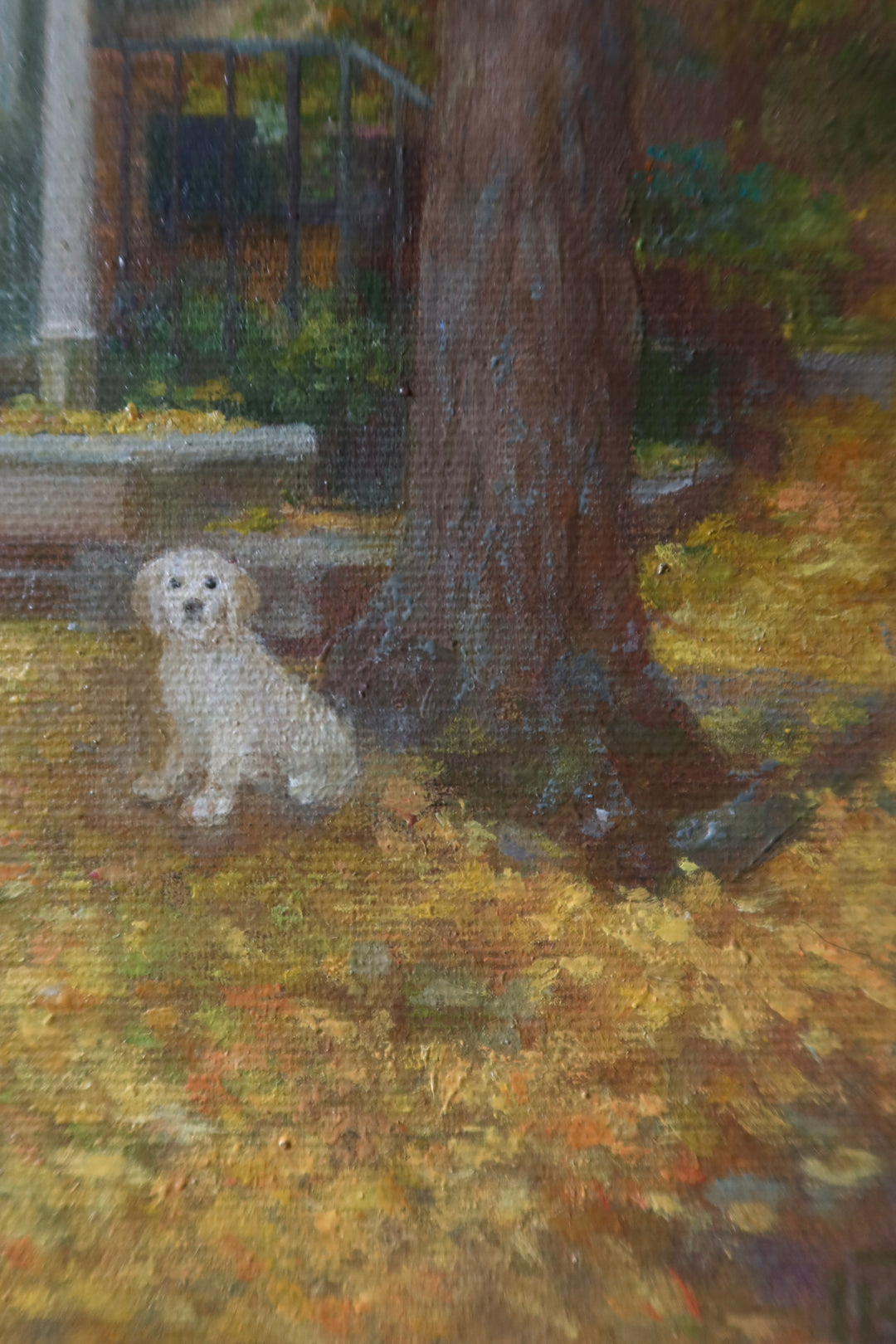 Philadelphia red brick rowhomes with red doors and railings, potted plants, yellow fall leaves on the round and a white dog in oil paint nature landscape urban