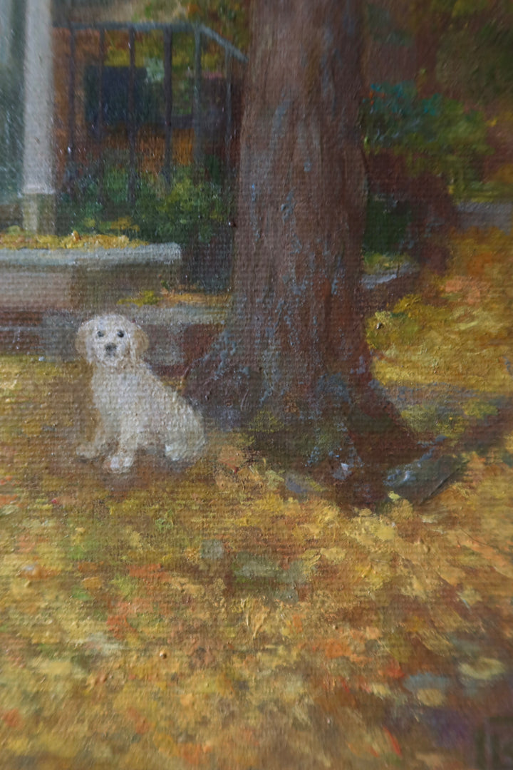 Philadelphia red brick rowhomes with red doors and railings, potted plants, yellow fall leaves on the round and a white dog in oil paint nature landscape urban