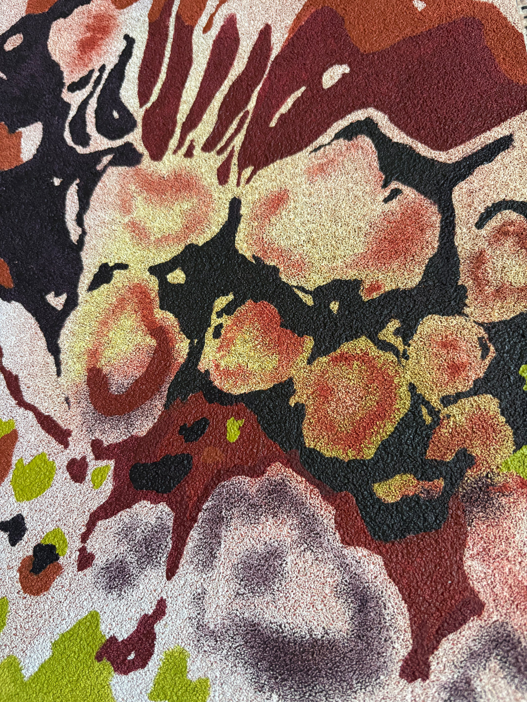 Abstract organic pumice painting in oil paint by local female artist  natural shapes textures abstracted negative space line weight gradient of color purple greens and red orange circular orbs 