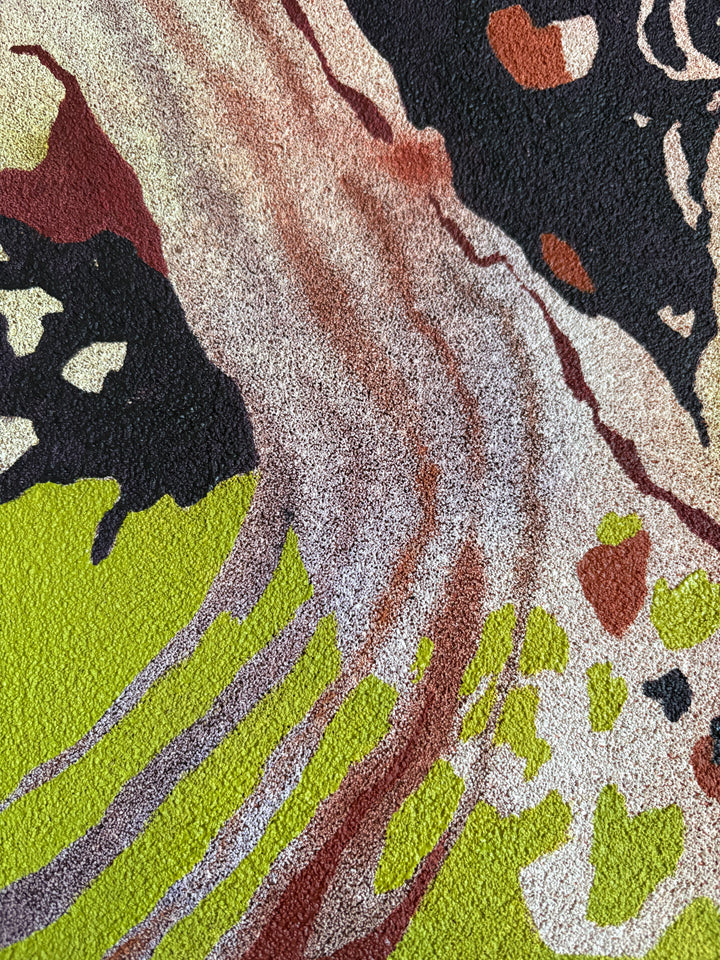 Abstract organic pumice painting in oil paint by local female artist  natural shapes textures abstracted negative space line weight gradient of color purple greens and red orange circular orbs 