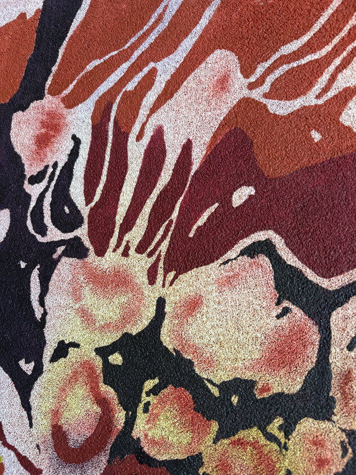 Abstract organic pumice painting in oil paint by local female artist  natural shapes textures abstracted negative space line weight gradient of color purple greens and red orange circular orbs 