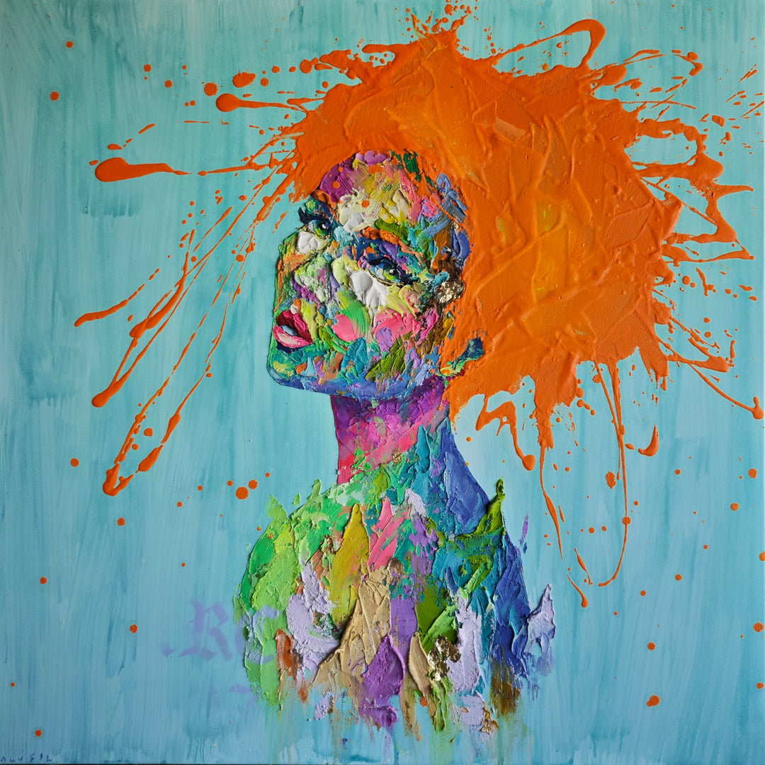 a multicolored womans portrait with green eyes in a thick palette knife expressionist style with gold foil and orange splatter hair on a turquoise background with some graffiti lettering