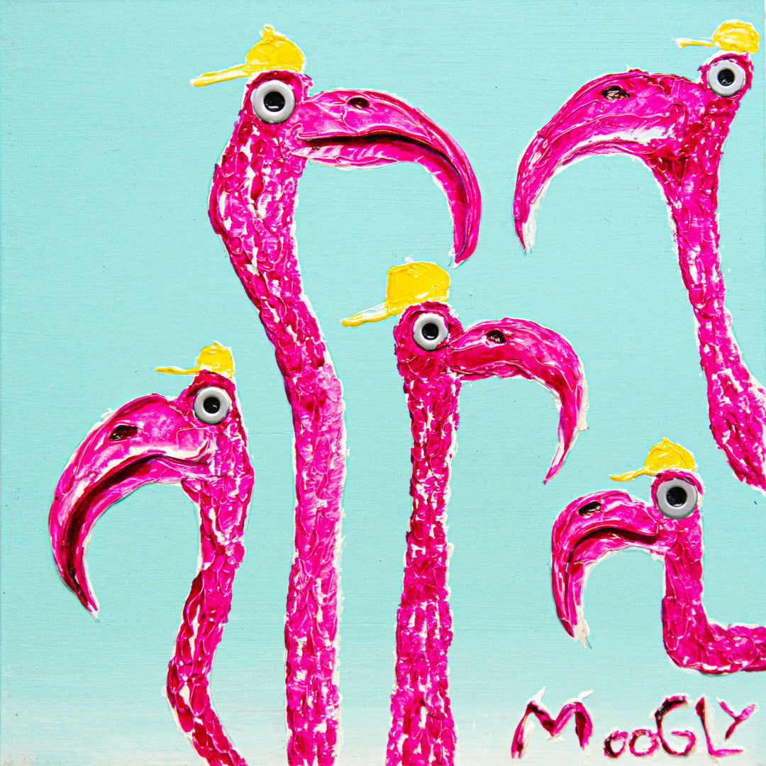 flamingos peeking into composition long pink necks with yellow hats on blue background