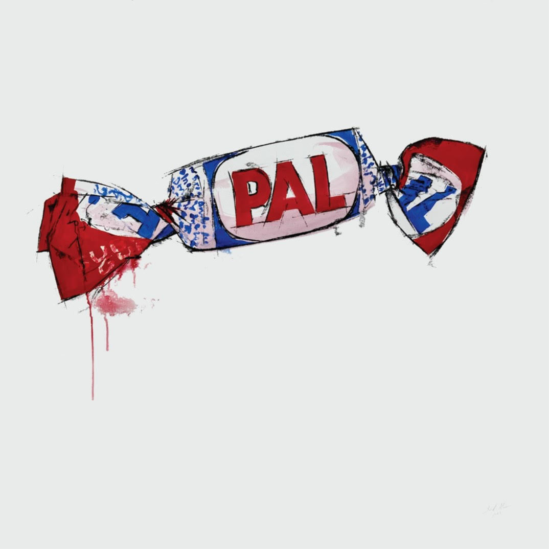 PAL candy red white and blue with graphic lettering on white background