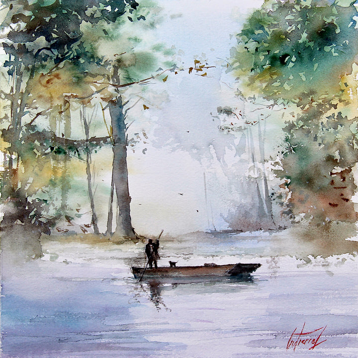watercolor trees and leaves in browns and greens, person with small dog on boat floating on water