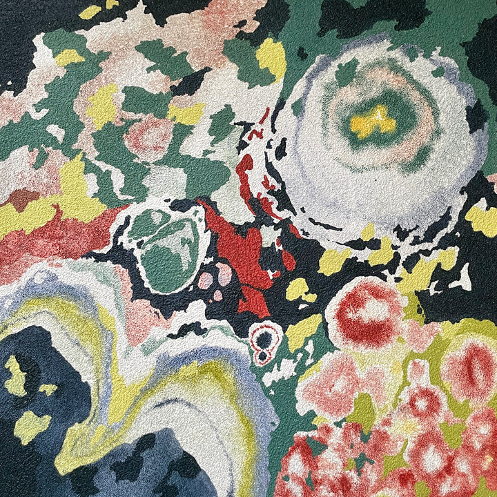 abstract expressionism mold petri dish colors gradient and layered in blue greens and rust orange