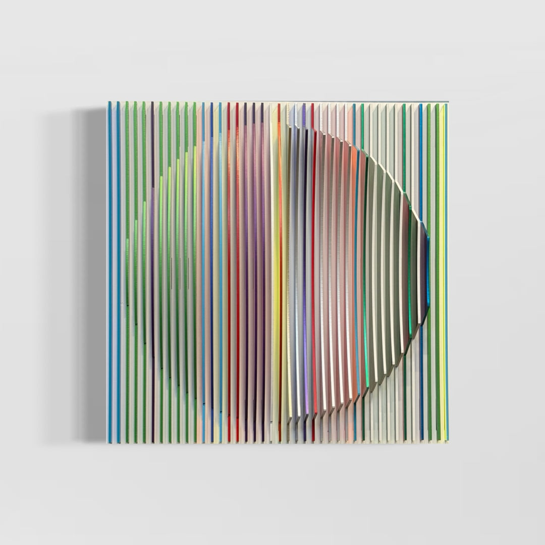 from view vertical stripes on white background in rainbow colors all convex and concave optical illusion to create circle from front, jagged from side and color more prominent