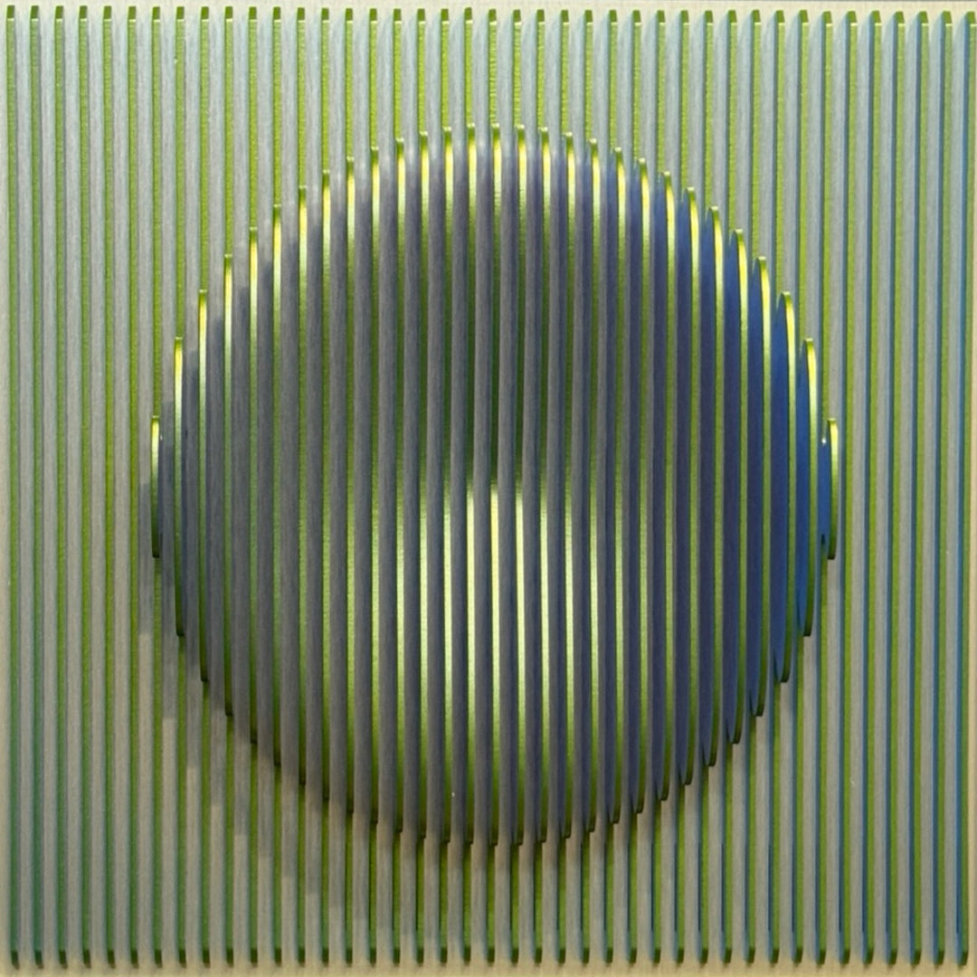 vertical green stripes with 3 dimensional circular shape emerging from center, when viewed from side ridges are blue optical illusion geometric abstraction sculpture