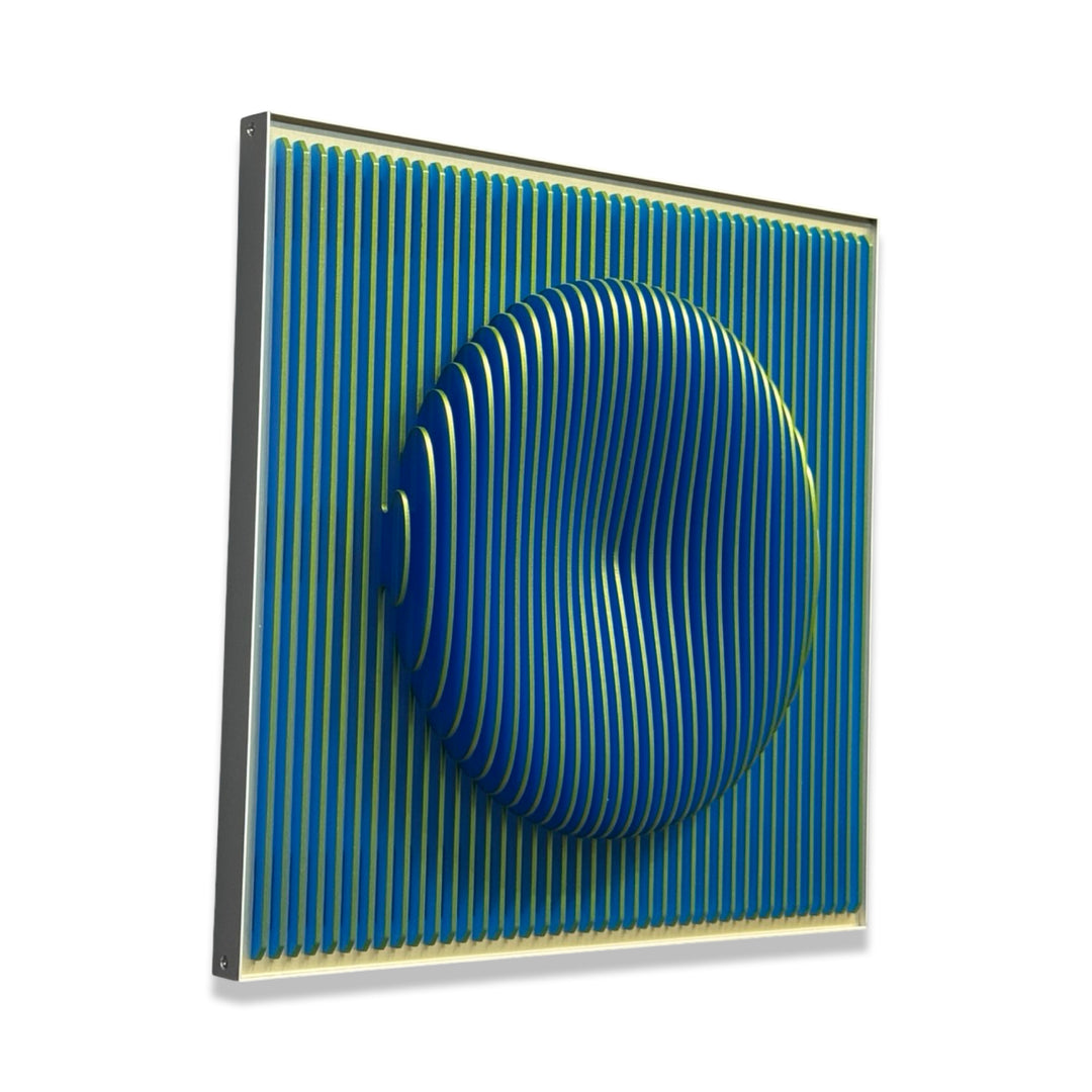 vertical green stripes with 3 dimensional circular shape emerging from center, when viewed from side ridges are blue optical illusion geometric abstraction sculpture