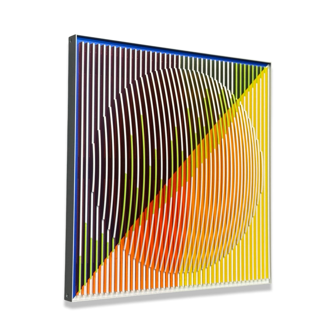 optical illusion line art sculptural plexiglass and acrylic abstract geometric wall hanging in orange pink blue and green with vertical stripes