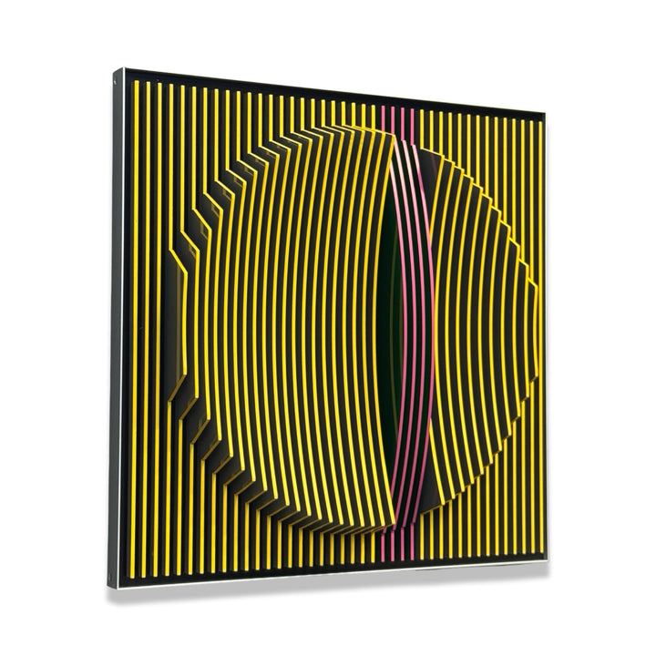 vertical stripes in black and yellow with circle in center offset optical illusion stripes with pink purple stripe down the middle