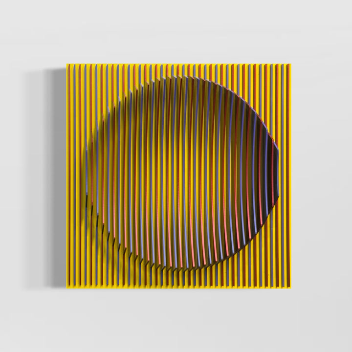 geometric abstract vertical lines concave optical illusion of a circular shape in middle in yellow red and blue