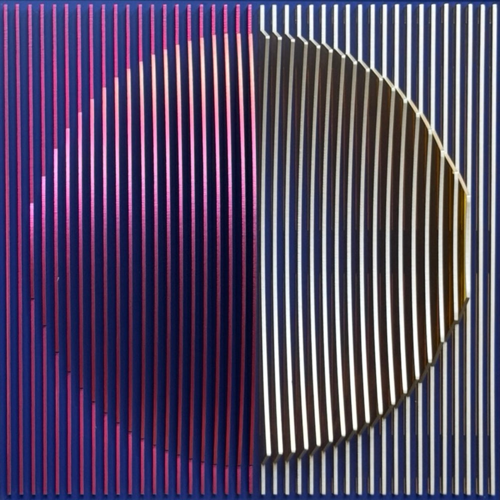 vertical stripes in purple white and navy with half convex concave sculptural circle shape coming out of center geometric abstract