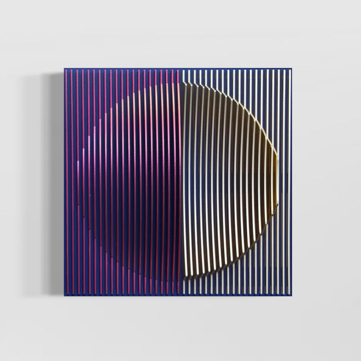 vertical stripes in purple white and navy with half convex concave sculptural circle shape coming out of center geometric abstract red and yellow from sides