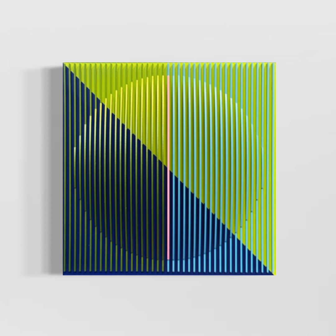 vertical stripes in green and blue with half split background in triangles on green and blue circular shape con-vexing sculptural out of center composition one pink line in middle