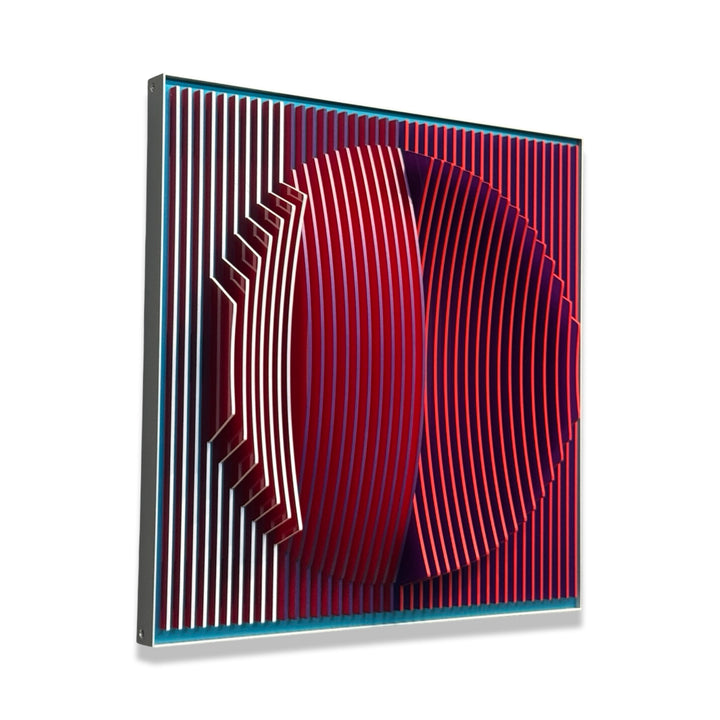 3 dimensional circular shape in center of vertical stripes square composition in red and blue white then when turned to side mostly red emerges optical illusion space color