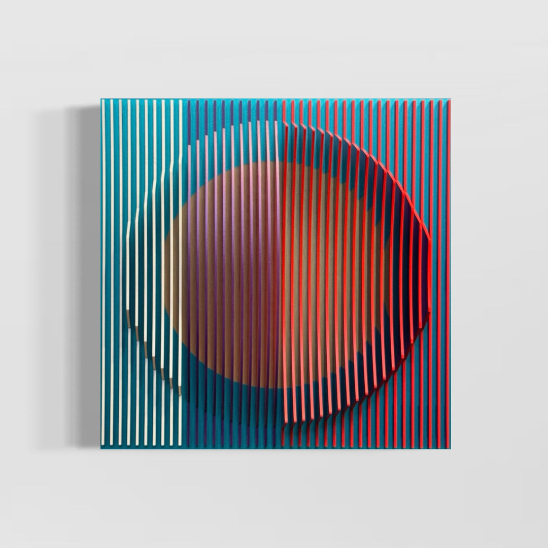 3 dimensional circular shape in center of vertical stripes square composition in red and blue white then when turned to side mostly red emerges optical illusion space color