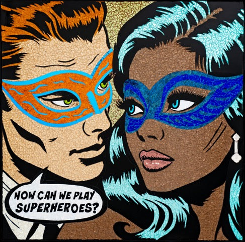 male figure with orange hair wearing orange masquerade mask with blue detail looking at black woman with black hair blue highlights wearing blue mask with text bubble play superheroes in comic style stained glass mosaic