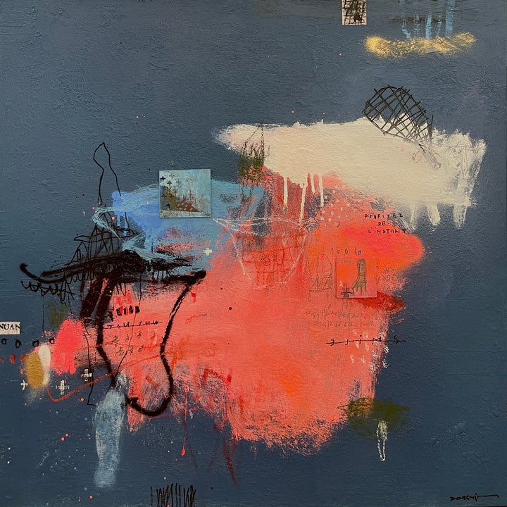 pink and white marks of paint abstractc on blue grey background, expressionist doodles and sketches in pen and pencil with collaged paper found objects, stamps 