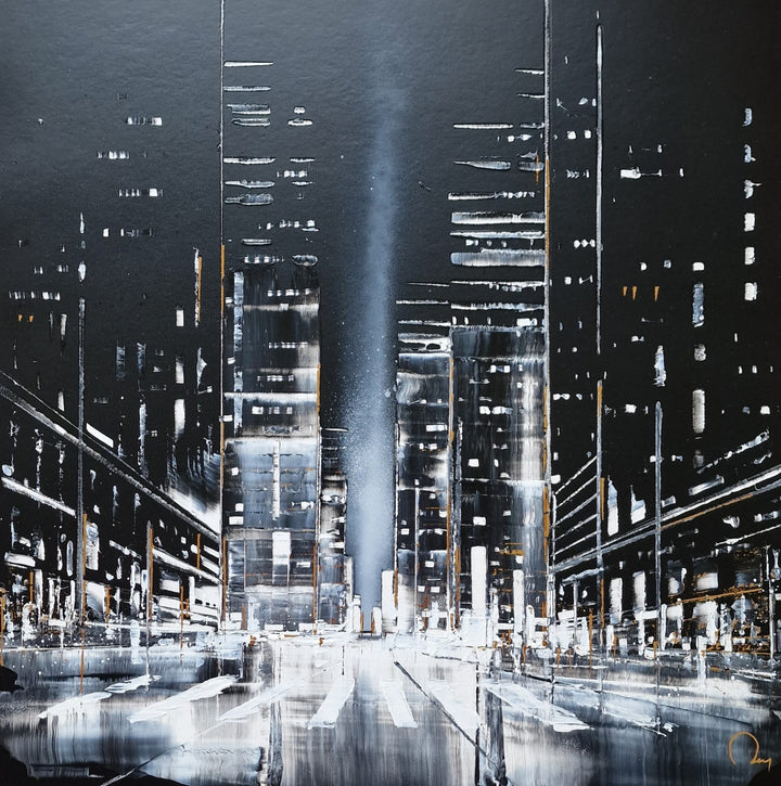 "Paradise" by French artist Julien Rey — a mixed-media painting on board of a dramatic nocturnal urban canyon, crafted with Chinese lacquer and gold leaf. Towering skyscrapers in deep black lacquer and silver flank a rain-soaked street, its wet surface reflecting a luminous central searchlight beam piercing the night sky. Sparse gold leaf accents flicker across building facades. Original contemporary nocturnal cityscape painting on board available at Morton Contemporary gallery.