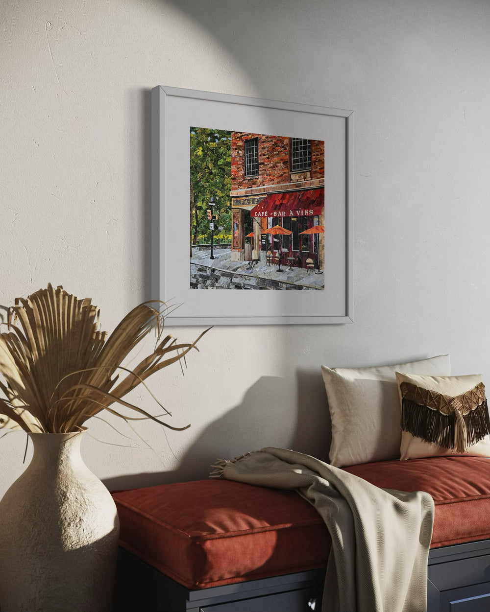 17" x 17" torn paper collage by Chrissy McIntyre. Artwork of Parc Restaurant in Philadelphia, on the corner of Rittenhouse Square. Colorful collage in red, orange, and green.