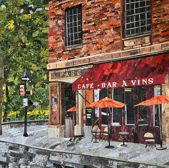17" x 17" torn paper collage by Chrissy McIntyre. Artwork of Parc Restaurant in Philadelphia, on the corner of Rittenhouse Square. Colorful collage in red, orange, and green.