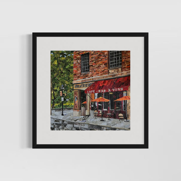 17" x 17" torn paper collage by Chrissy McIntyre. Artwork of Parc Restaurant in Philadelphia, on the corner of Rittenhouse Square. Colorful collage in red, orange, and green.