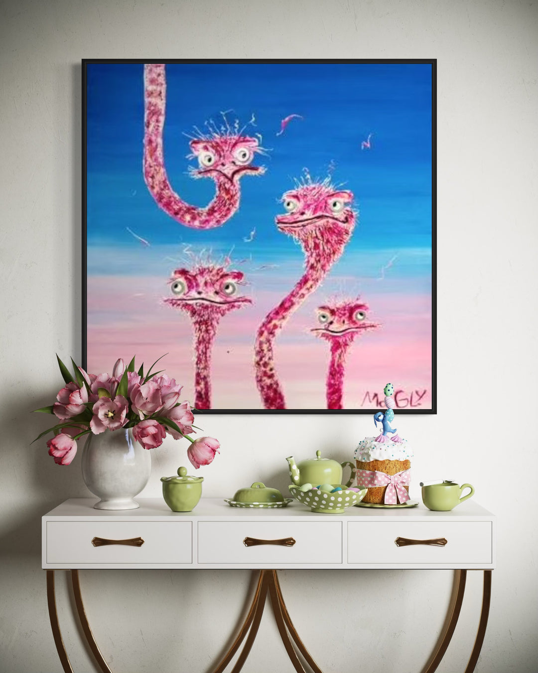 40" x 40" acrylic on canvas painting of a family of pink flamingos over a blue-pink gradient background. Washers used as eyes. 