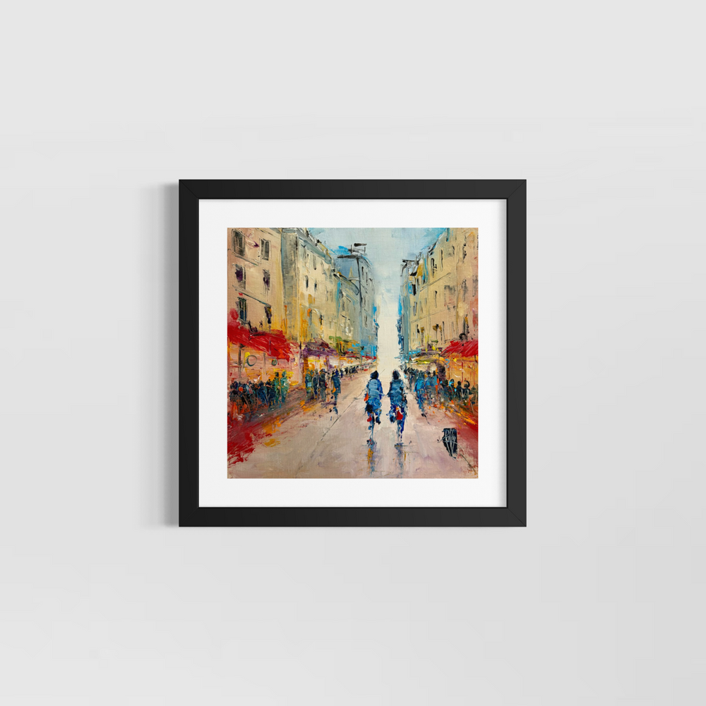 Christian Raffin, Paris D'un Jour, oil on canvas, 14 x 14 inches, shown in a black frame with a white mat hanging on a light grey wall.