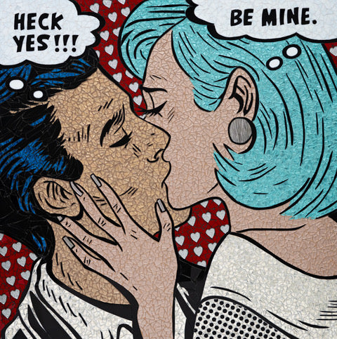 man with black hair in tuxedo kissing woman with blue short hair with thought bubbles in comic style on background of red and white hearts pattern in glass mosaic 