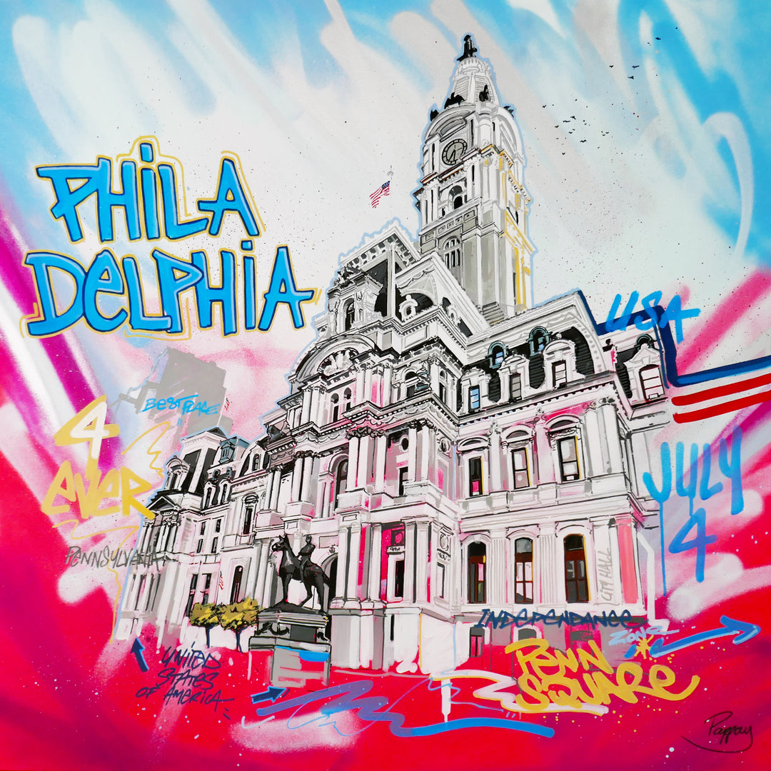 "Penn Square" by Pappay — a vibrant street art-inspired painting on canvas depicting Philadelphia City Hall surrounded by explosive neon pink, blue, and red graffiti lettering reading "Philadelphia," "Penn Square," "July 4," and "USA" against a vivid spray-painted background. A bold, energetic celebration of Philadelphia&
