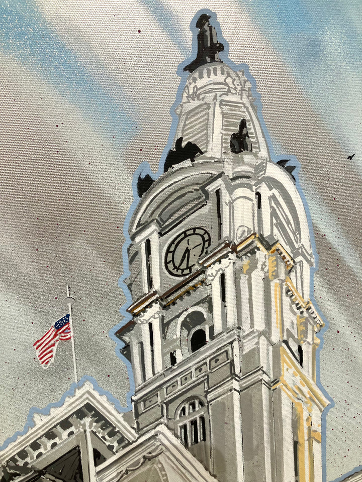 "Penn Square" by Pappay — a vibrant street art-inspired painting on canvas depicting Philadelphia City Hall surrounded by explosive neon pink, blue, and red graffiti lettering reading "Philadelphia," "Penn Square," "July 4," and "USA" against a vivid spray-painted background. A bold, energetic celebration of Philadelphia&