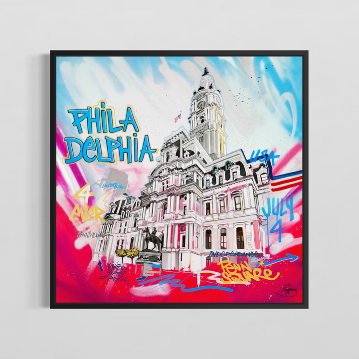 "Penn Square" by Pappay — a vibrant street art-inspired painting on canvas depicting Philadelphia City Hall surrounded by explosive neon pink, blue, and red graffiti lettering reading "Philadelphia," "Penn Square," "July 4," and "USA" against a vivid spray-painted background. A bold, energetic celebration of Philadelphia&