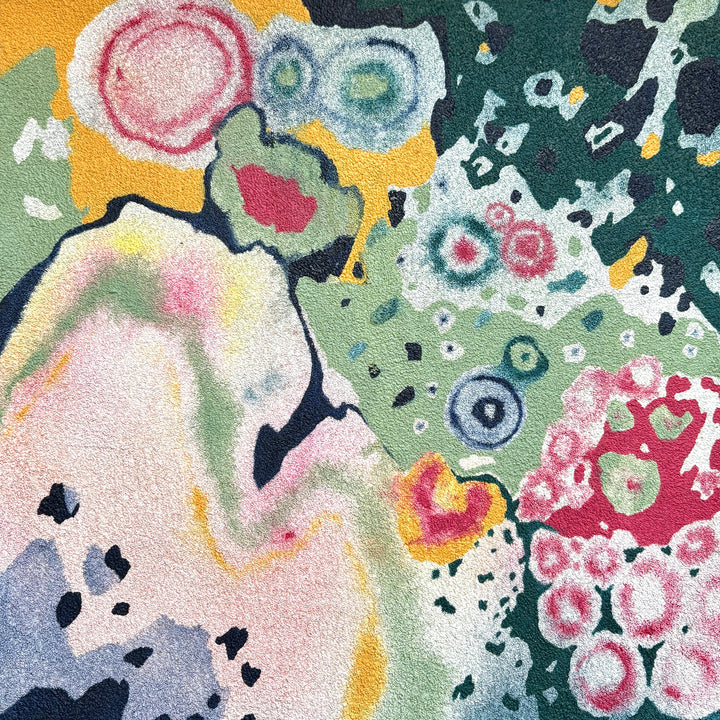 petri dish old bacteria science nature in gradient of oil paint in colors of green pink and yellow organic shapes blending and bleeding together in oil on pumice surface