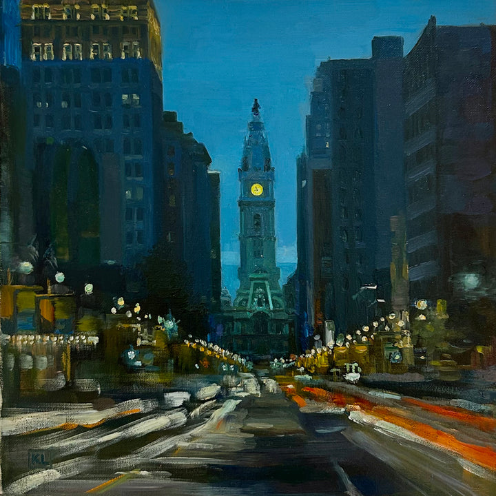 phialdephia, philly, broad street, blue, nighttime, city scape, oil paint, oil painting